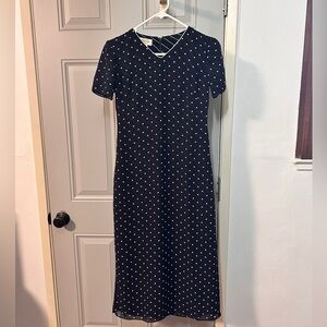 Talbots Petites 
Dark Blue and White Polka Dot Long Dress